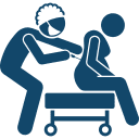 Icon depicting one person performing a massage on another person who is seated and leaning forward on a stool.