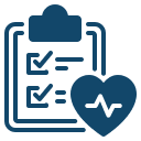 Icon depicting a clipboard with a checklist and a heart with a pulse line, symbolizing health or medical records management.